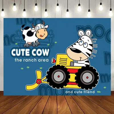 Cute Cow Ranch Area Friend Bulldozer Birthday Backdrop