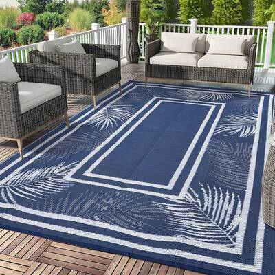 Garvee Outdoor Dark Blue 9x18 Plastic Straw Rug, Waterproof Reversible UV-Resistant Durable for Patio RV Beach Camping Backya...