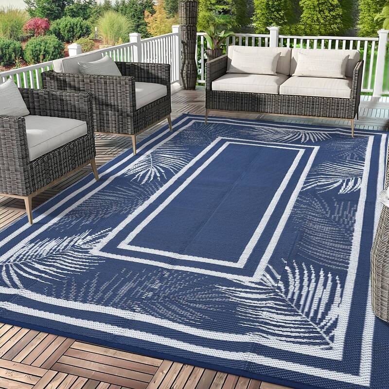 Garvee Outdoor Dark Blue 9x18 Plastic Straw Rug, Waterproof Reversible UV-Resistant Durable for Patio RV Beach Camping Backya...