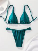 Two-piece Set Women's Plain Ruched Bikinis Set, Casual Triangle Swim Bra & High Cut Swim Panty, Chic Ladies Bathing Suit for ...