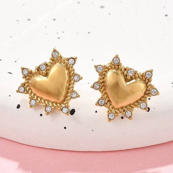 Heart 304 Stainless Steel Micro Pave Clear Cubic Zirconia Stud Earrings