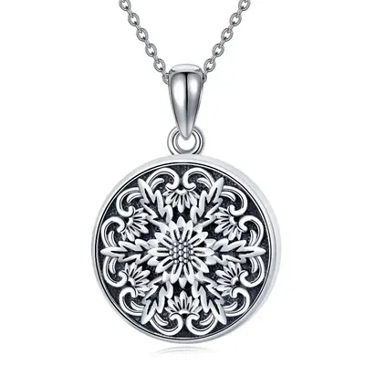 Sterling Silver Oxidized Daisy Personalized Photo Locket Necklace