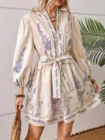 Women's Plants Print Tie Waist Dress, Bohemian Elegant Bishop Sleeve V Neck Dress for Spring & Fall, Women's Clothing for Dai...