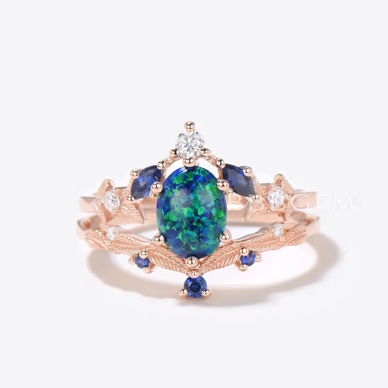 Oval Cut Black Opal Engagement Ring Leaf Nature Inspired Bridal Set