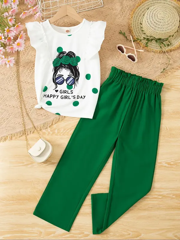 Girl's Cartoon Print Tee & Plain Pants Two-Piece Set, Casual Round Neck Butterfly Sleeve T-Shirt & Trousers for Summer, Kids ...