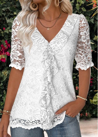 Modlily Raw White Tummy Coverage Short Sleeve V Neck Blouse - XXL