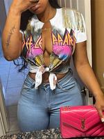 Women's Letter & Leopard Print Tassel Tie Front Split Hem Tee, Casual Short Sleeve Crop T-shirt for Summer, Ladies Clothes fo...