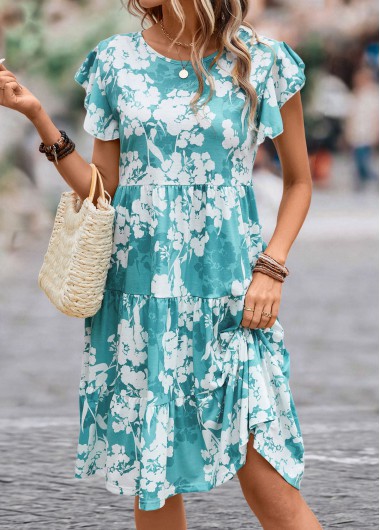 Modlily Blue Ruffle Floral Print Short Sleeve Dress - L
