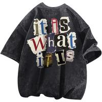 Men's Graphic Tees Funny Letter Print Vintage Oversize T Shirts Acid Wash Shirt Streetwear Rapper Casual Tee Top
