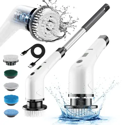 Short Electric Cleaning Brush, Comes with Five Types of Brush Heads, Suitable for Bathrooms and Kitchens, Car Washing, Cleani...