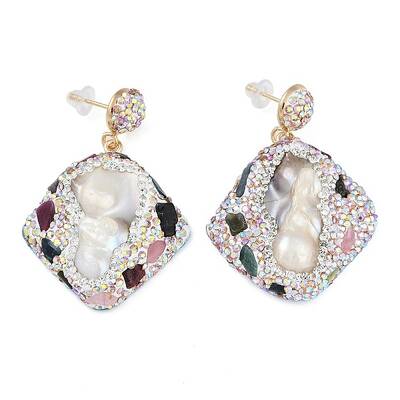 Rack Plating Rhombus Brass With Natural Tourmaline & Natural Pearl Handmade Indonesia Stud Earrings