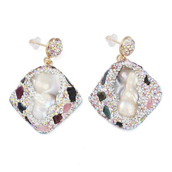 Rack Plating Rhombus Brass With Natural Tourmaline & Natural Pearl Handmade Indonesia Stud Earrings