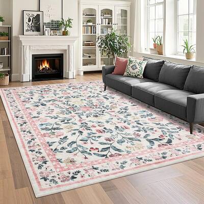 Garvee Floral 10x13 Pink Large Washable Area Rug for Living Room, Non-Slip Non-Shedding Soft Vintage Rug, Low Pile Farmhouse ...