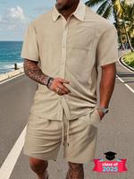 Two-piece Set Men's Gingham Print Short Sleeve Shirt & Drawstring Waist Shorts, Regular Fit Casual Button Up Top & Pocket Sho...