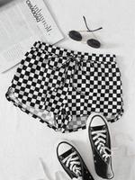 Women's All Over Checkerboard Print Drawstring Waist Shorts, Casual High Waist Straight Leg Shorts for Summer, Fashion Women'...