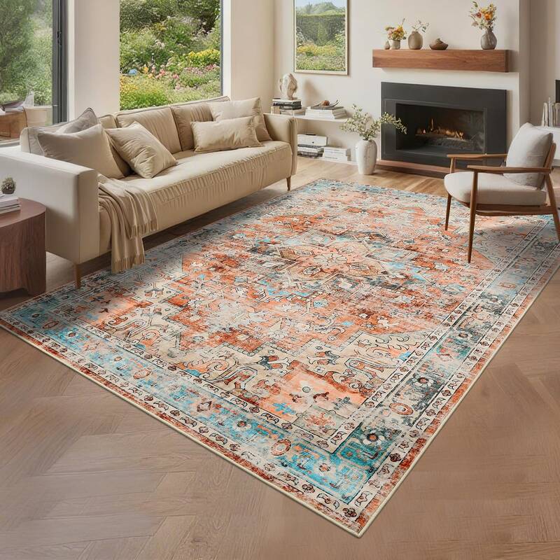 Garvee 8x10 Washable Vintage Area Rug Non-Slip Living Room Bedroom Carpet Red