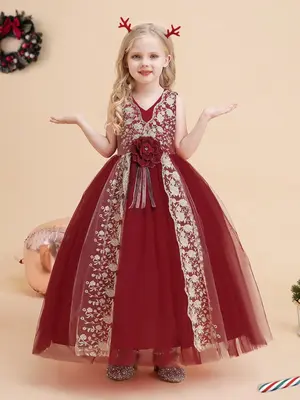 Girl's Plants Embroidery Bow Decor Tulle Dress, Elegant Flower Decor Sleeveless V Neck Party Dress for Performance Wedding Gu...