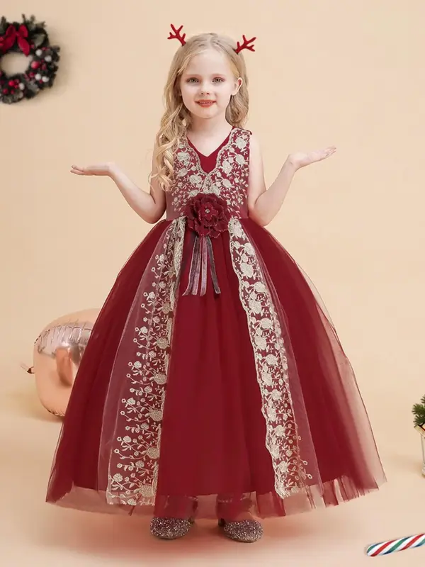 Girl's Plants Embroidery Bow Decor Tulle Dress, Elegant Flower Decor Sleeveless V Neck Party Dress for Performance Wedding Gu...