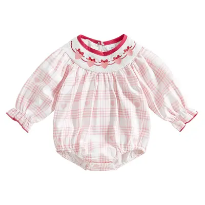 Baby Girls Valentines Day Outfit Infant Bubble Smocked Romper Long Sleeve Crew Neck Onesie Heart Plaid Spring Fall Bodysuit C...