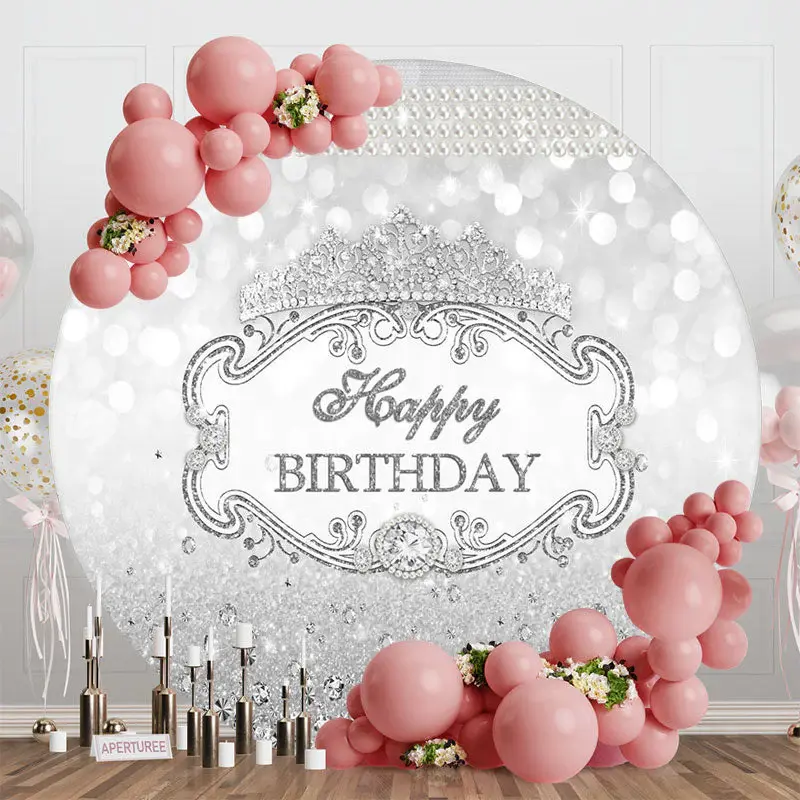 Sliver Glitter Crown Pearl Round Birthday Backdrop - Aperturee