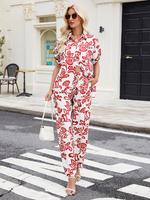 Two-piece Set Women's Striped Print Button Shirt & Wide Leg Pants, Casual Short Sleeve Collared Top & Trousers for Summer, La...
