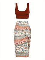 Women's Solid Color Tank Top & All Over Print Skirt Two-piece Set, Casual Sleeveless Top & Skirt for Daily Wear, Ladies Summe...