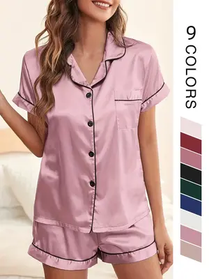 Two/Four/Six Counts Women's Satin Pyjama Lounge Co-ord Set, Lapel Collar Button Front Pocket Blouse & Contrast Binding Elasti...