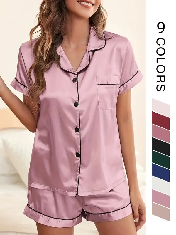 Two/Four/Six Counts Women's Satin Pyjama Lounge Co-ord Set, Lapel Collar Button Front Pocket Blouse & Contrast Binding Elasti...