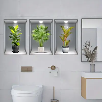 3D Wall Sticker, 3pcs Realistic Plants Pattern Self-Adhesive Wall Sticker, Removable Wall Decor Decal, Home Decoration Wall S...