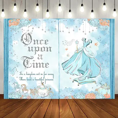 Blue Opening Book Cinderella Girl Birthday Backdrop - Aperturee