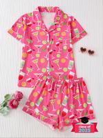 Women's Random Print Cocktail Print Crop Shirt & Shorts Pyjama Two-piece Set, Elegant Comfy Short Sleeve Collared Top & Loung...
