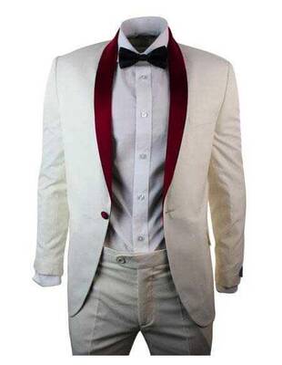 Ivory And Burgundy Tuxedo - Side Vented - Linen Fabric