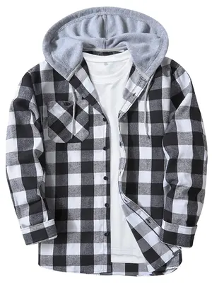 Men's Plaid Print Button Front Drawstring Hooded Shirt, Jacket for Men, Long Sleeve Pocket Hoodie Top for All Seasons, Casua...