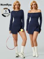 Sporty Women's Plain 2-in-1 Tie Front Split Hem Sports Dress, Sport Long Sleeve Skinny Romper for Outdoor Sports Hiking Tenni...