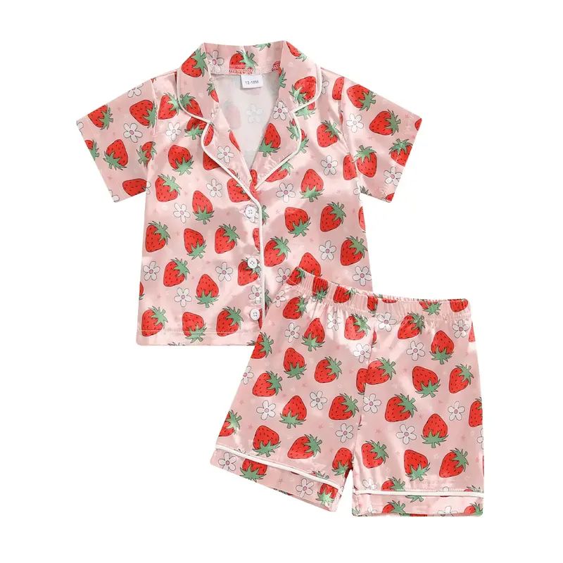 Canrulo Toddler Baby Girl Silk Pajamas Short Sleeve Floral/Strawberry/Chicken Print Shirt + Shorts Summer 2 Piece PJs Set