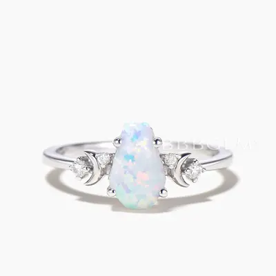 Coffin Cut White Fire Opal Diamond Moon Engagement Ring