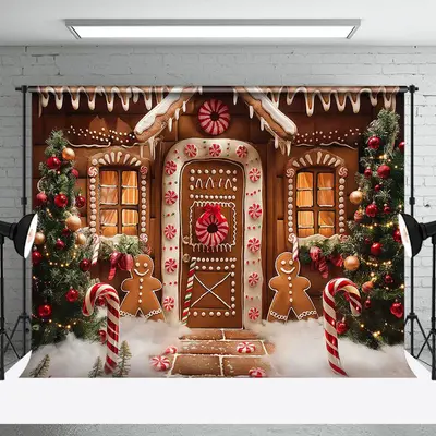 Xmas Tree Gingerbread House Christmas Photo Backdrop