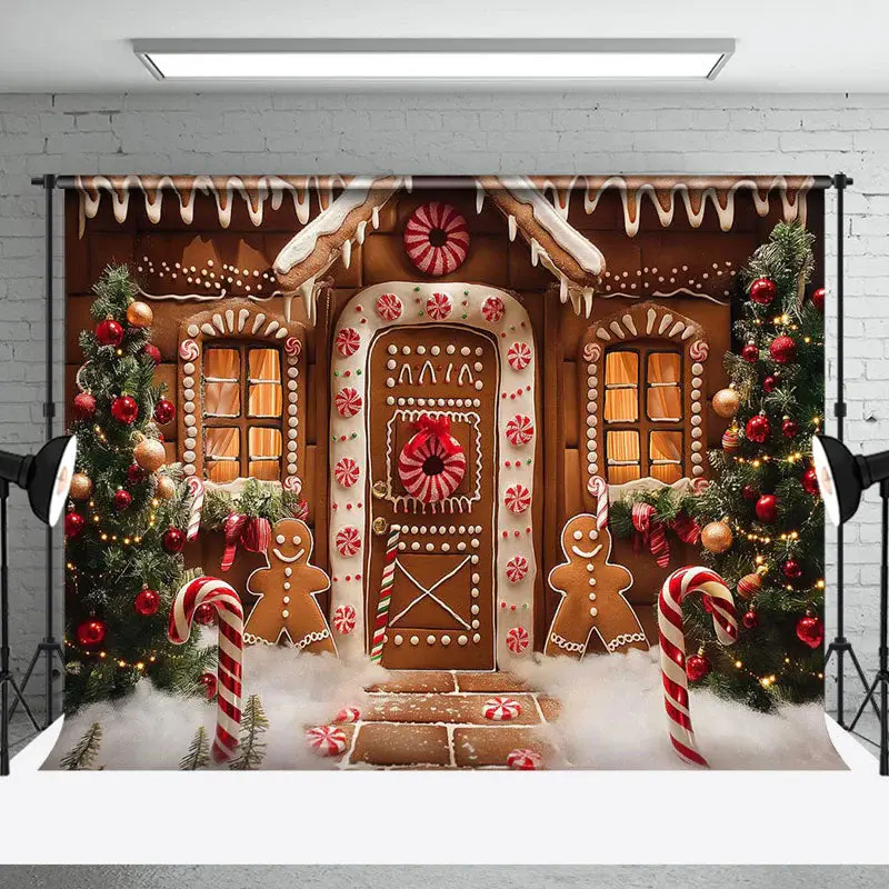 Xmas Tree Gingerbread House Christmas Photo Backdrop