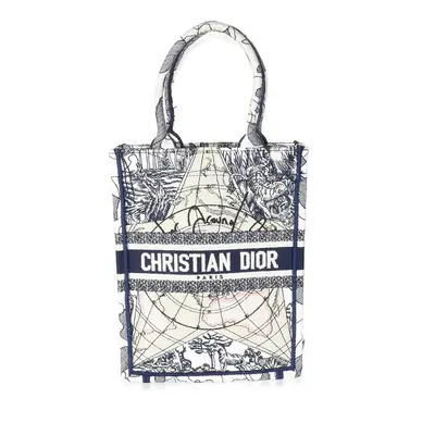 Pre-owned christian dior Canvas Top Handle DIOR Blue White Embroidered Vertical Book Tote