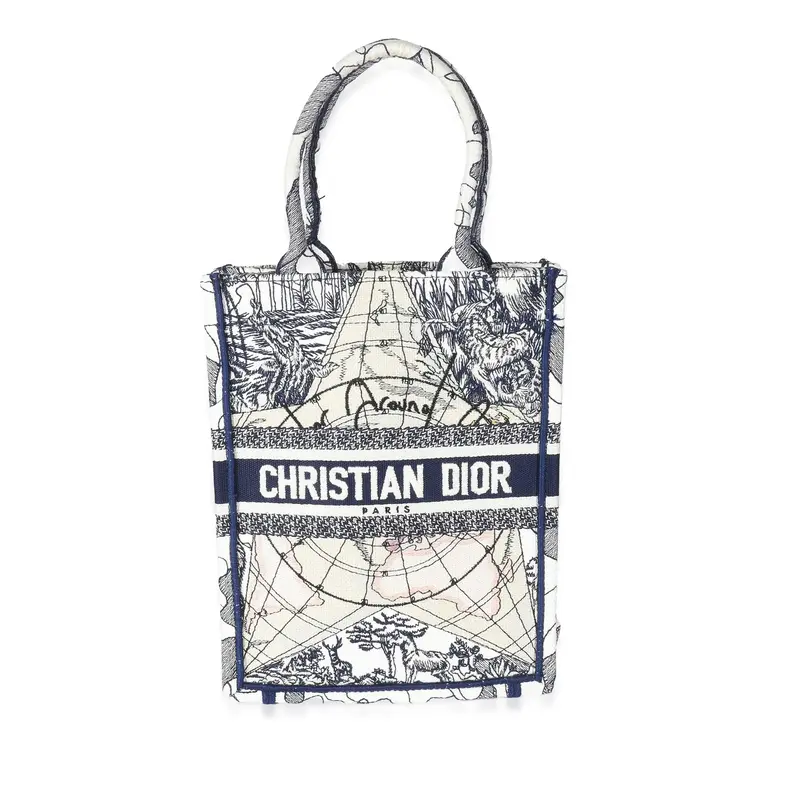 Pre-owned christian dior Canvas Top Handle DIOR Blue White Embroidered Vertical Book Tote