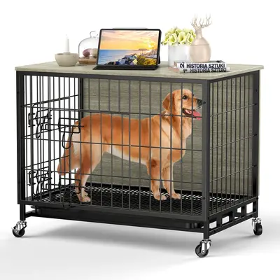 Garvee Dog Crate Furniture, Furniture Style Dog Crate with Removable Tray and Wheels, Heavy-Duty Double-Doors Dog Cage End Ta...
