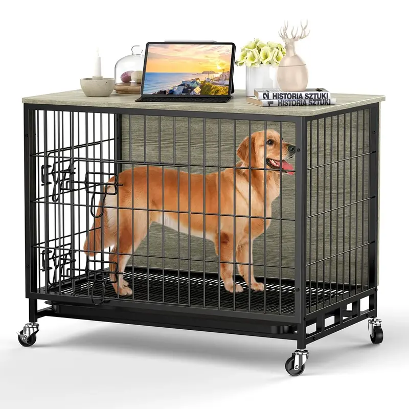 Garvee Dog Crate Furniture, Furniture Style Dog Crate with Removable Tray and Wheels, Heavy-Duty Double-Doors Dog Cage End Ta...