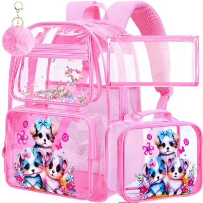 3PCS Clear Backpack for Girls, See Through Backpacks for Kids with Lunch Box, Heavy Duty Transparent Bookbag - Dog