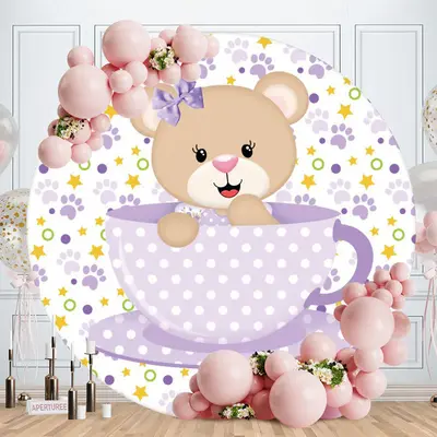 Aperturee Purple Cup Teddy Bear Round Baby Shower Backdrop