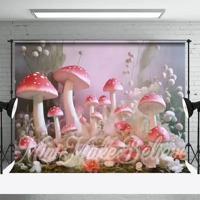 Pink Mushroom White Floral Misty Wonderland Backdrop - Aperturee