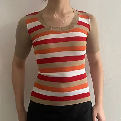 1970s Fauler Striped Top - 2XS Beige Viscose Blend