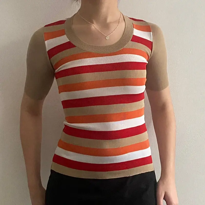 1970s Fauler Striped Top - 2XS Beige Viscose Blend