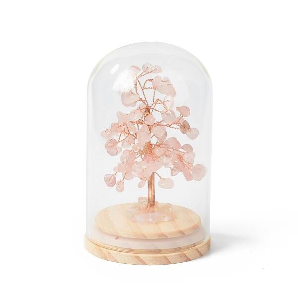 Natural Rose Quartz Chips Money Tree in Dome Glass Bell Jars with Wood Base Display Decorations