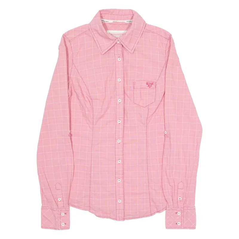 GUESS Womens Shirt Pink Check Long Sleeve S