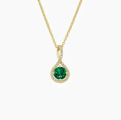 10K Gold Round Natrual Diamond & Lab Created Emerald Pavé Twist Pendant Necklace